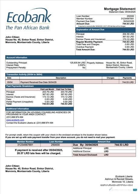 Download Liberia Ecobank Liberia mortgage statement Word and PDF template Photoshop template